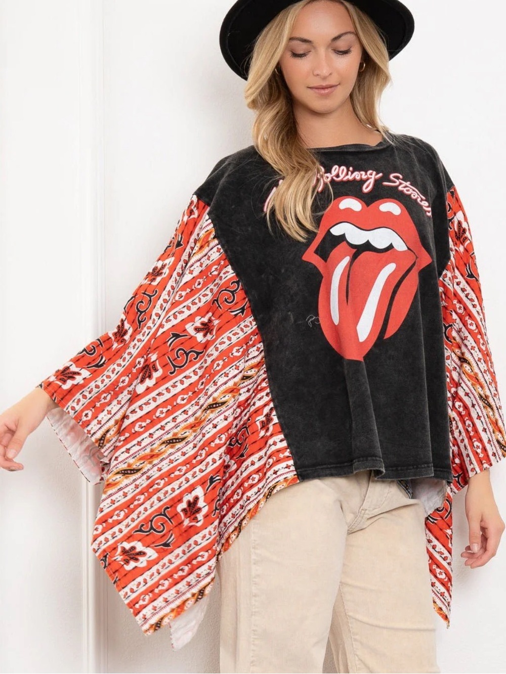 NWT Blue Velvet Rolling Stones Graphic Poncho with Red Paisley Sleeves